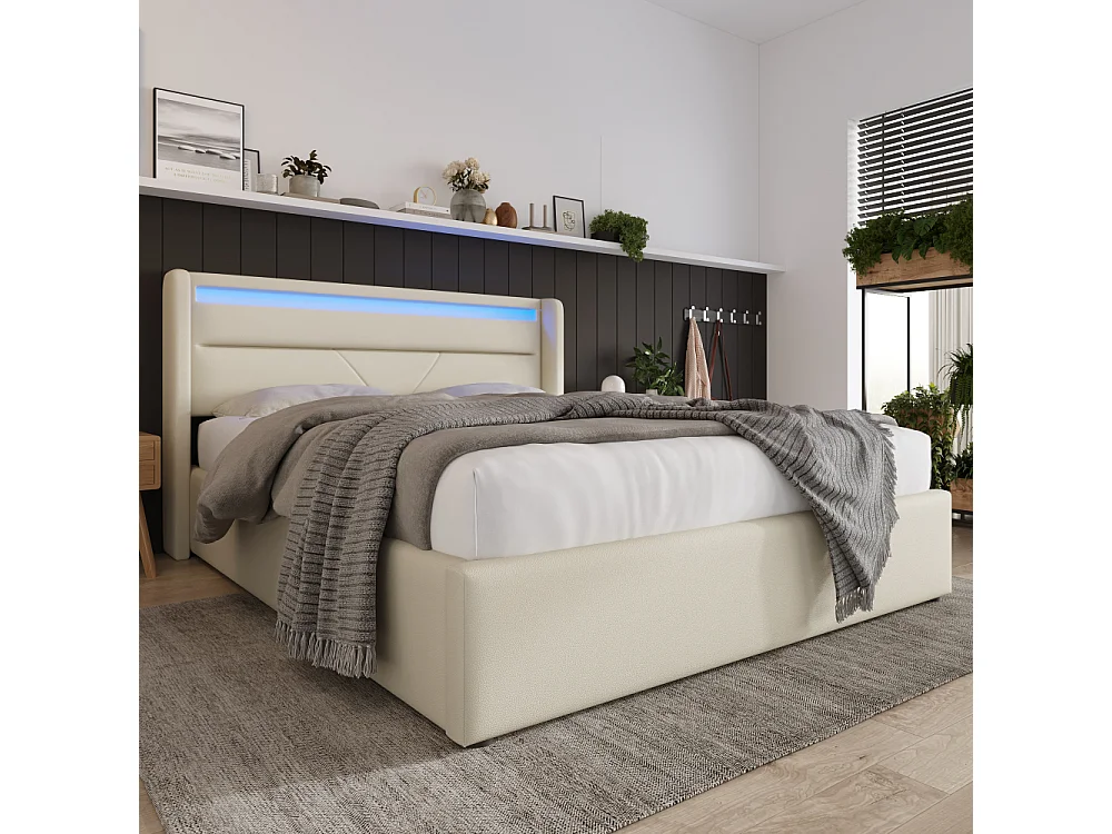 Lit de rangement hydraulique LED rembourré PU double lit avec matelas 720 ressorts lit fonctionnel rangement 660LBS