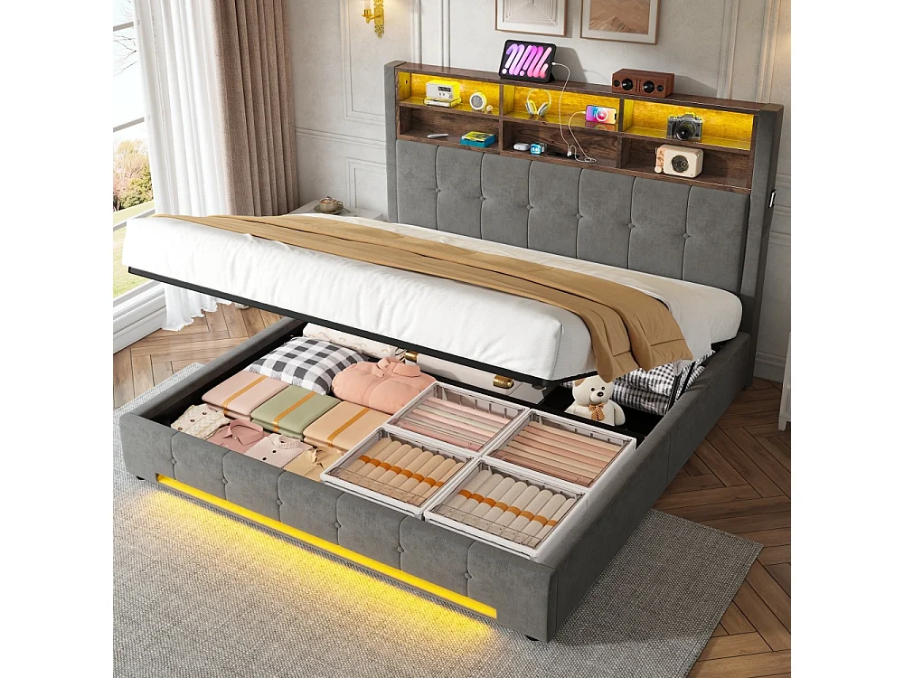 Lit coffre 180x200 cm en velours élégant avec tête de lit multifonction LED USB-C rangement hydraulique