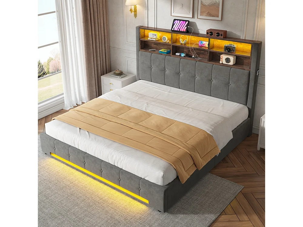 Lit coffre 180x200 cm en velours élégant avec tête de lit multifonction LED USB-C rangement hydraulique