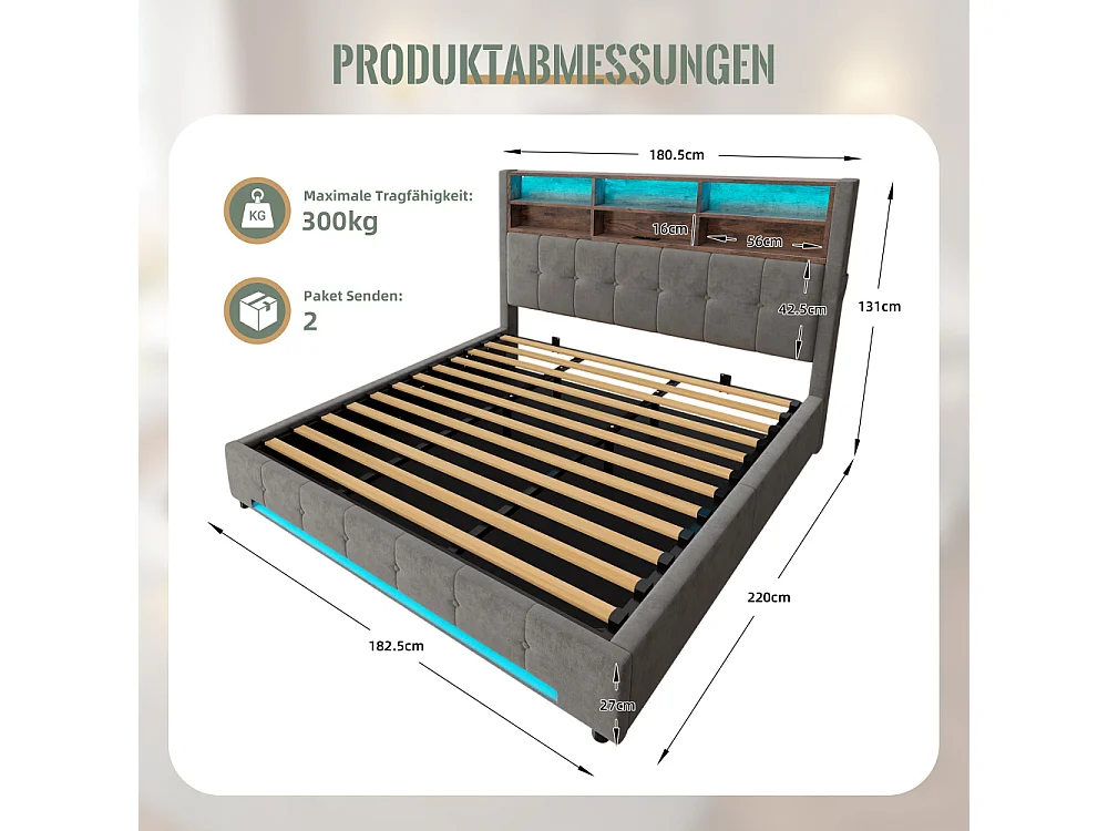 Lit coffre 180x200 cm en velours élégant avec tête de lit multifonction LED USB-C rangement hydraulique