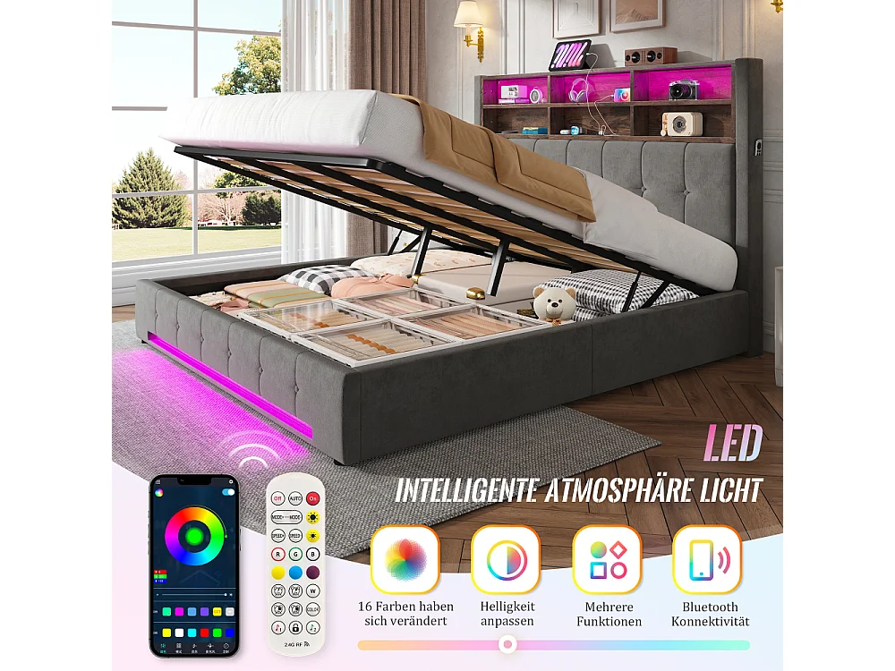 Lit coffre 180x200 cm en velours élégant avec tête de lit multifonction LED USB-C rangement hydraulique