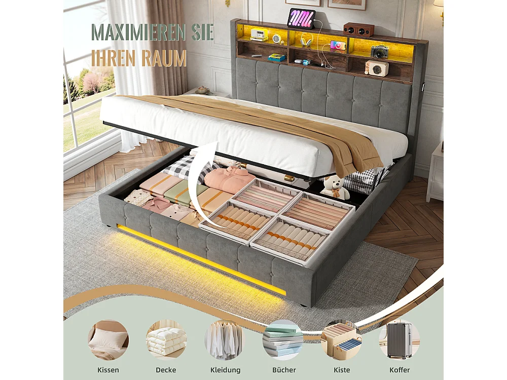 Lit coffre 180x200 cm en velours élégant avec tête de lit multifonction LED USB-C rangement hydraulique