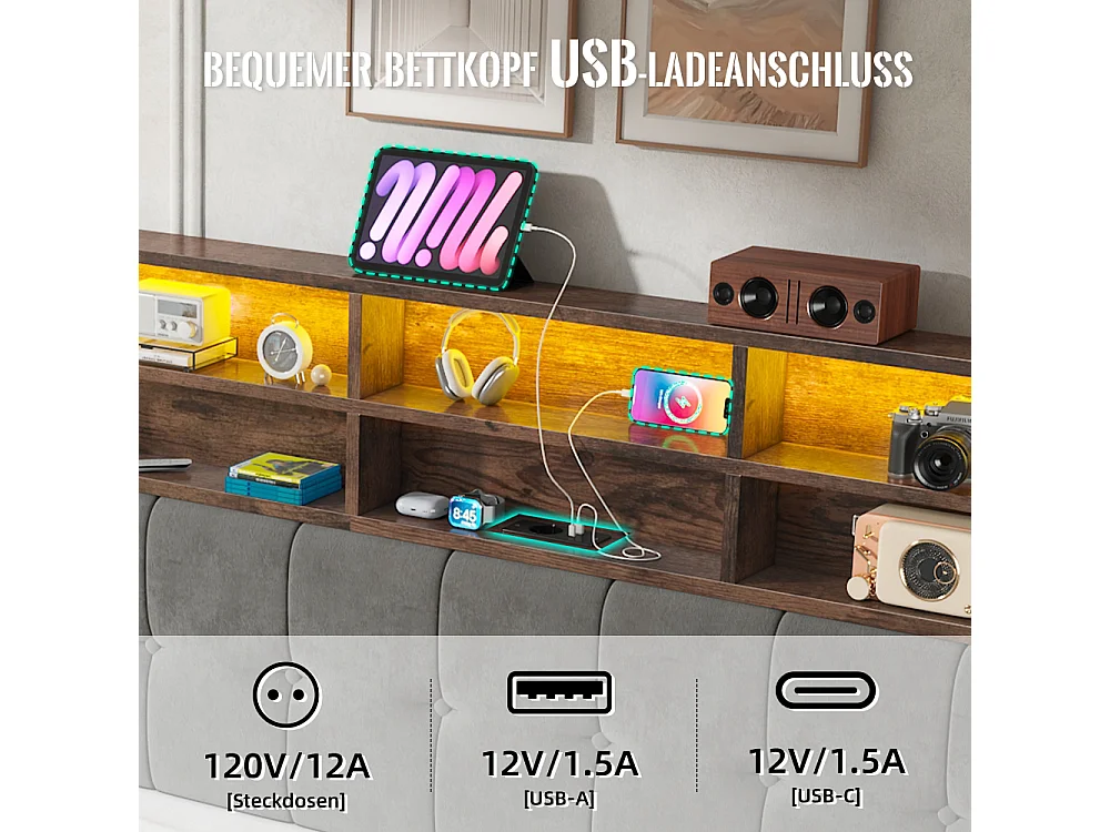 Lit coffre 180x200 cm en velours élégant avec tête de lit multifonction LED USB-C rangement hydraulique
