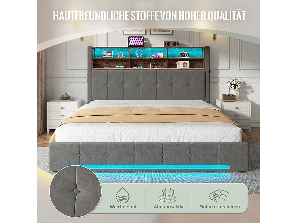 Lit coffre 180x200 cm en velours élégant avec tête de lit multifonction LED USB-C rangement hydraulique