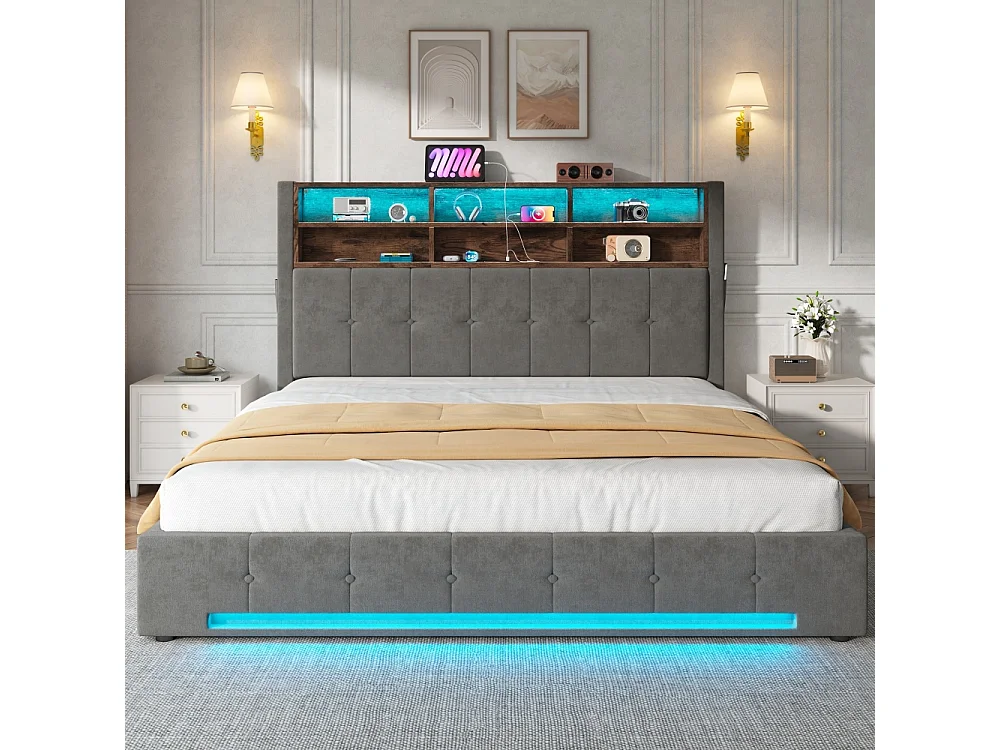 Lit coffre 180x200 cm en velours élégant avec tête de lit multifonction LED USB-C rangement hydraulique
