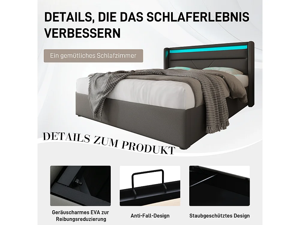 Hydraulisch LED-opbergbed PU-gewatteerd dubbel functioneel bed met opbergruimte voor de afstandsbediening