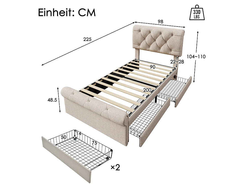 Letto singolo 90x200 con cassone, 2 cassetti, testiera regolabile Chesterfield, telaio metallico, lino naturale