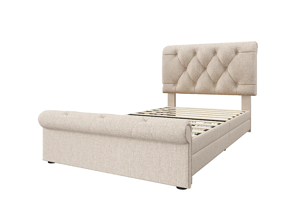 Letto singolo 90x200 con cassone, 2 cassetti, testiera regolabile Chesterfield, telaio metallico, lino naturale