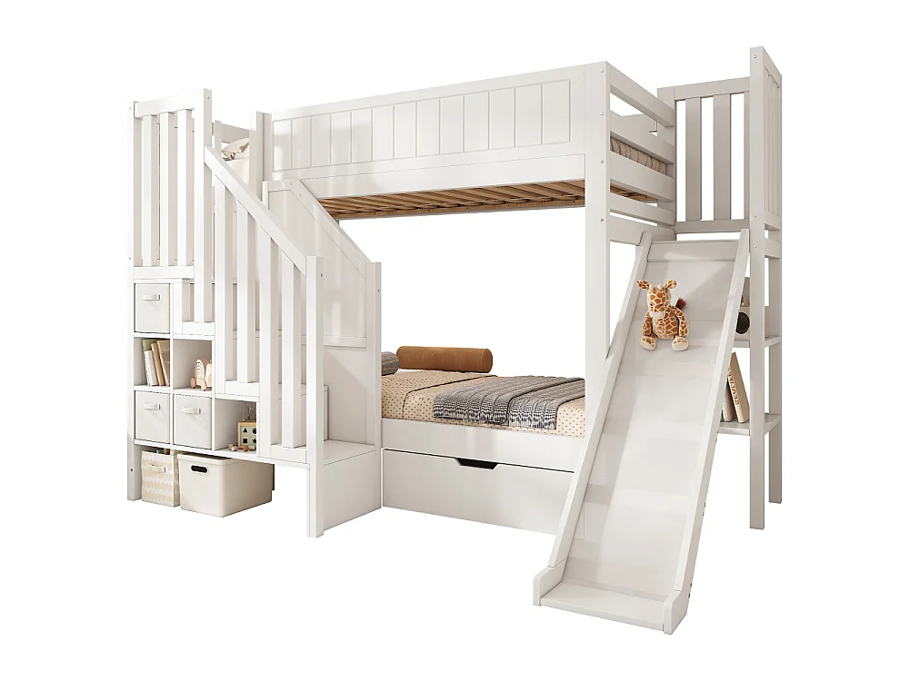 Lit superposé enfant 90×200 cm avec toboggan – jeu, sommeil et rangement en un