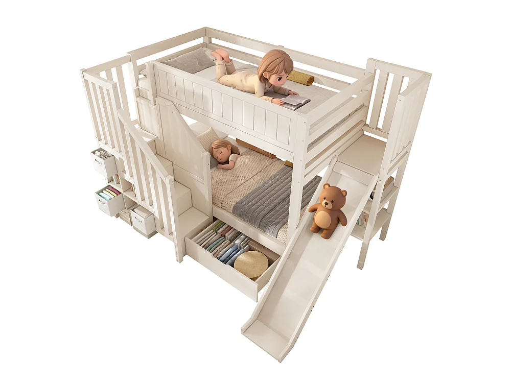 Lit superposé enfant 90×200 cm avec toboggan – jeu, sommeil et rangement en un