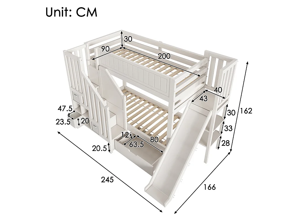 Lit superposé enfant 90×200 cm avec toboggan – jeu, sommeil et rangement en un