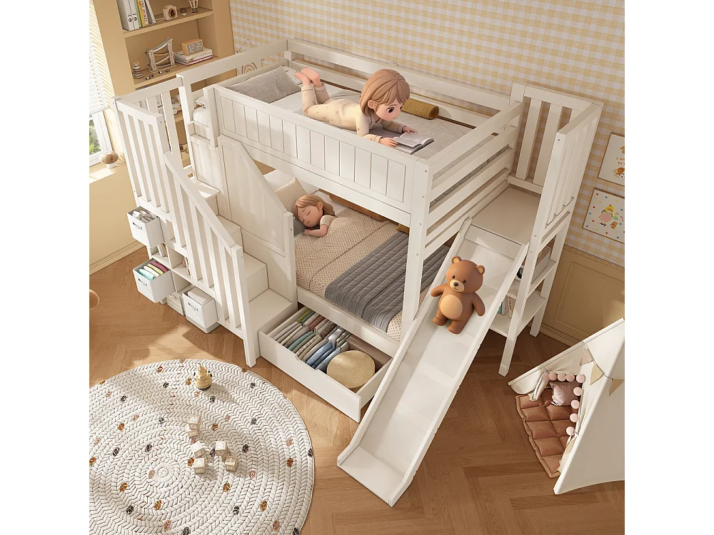 Lit superposé enfant 90×200 cm avec toboggan – jeu, sommeil et rangement en un