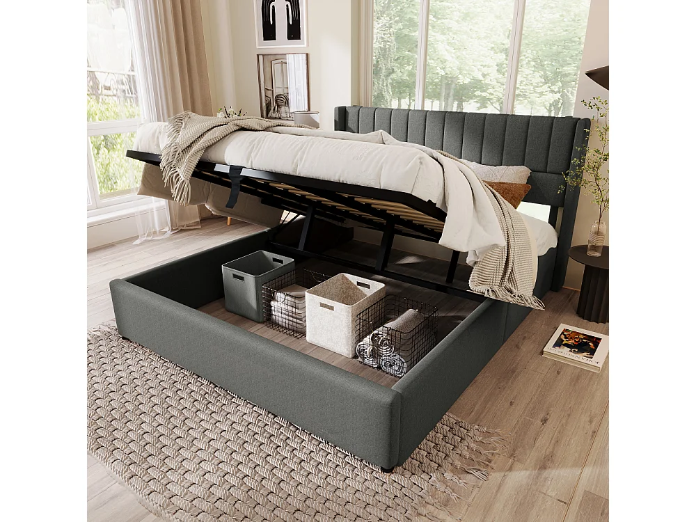 Cama de almacenaje hidráulica doble con colchón 620 muelles ensacados, lino, armazón de madera y metal, baúl