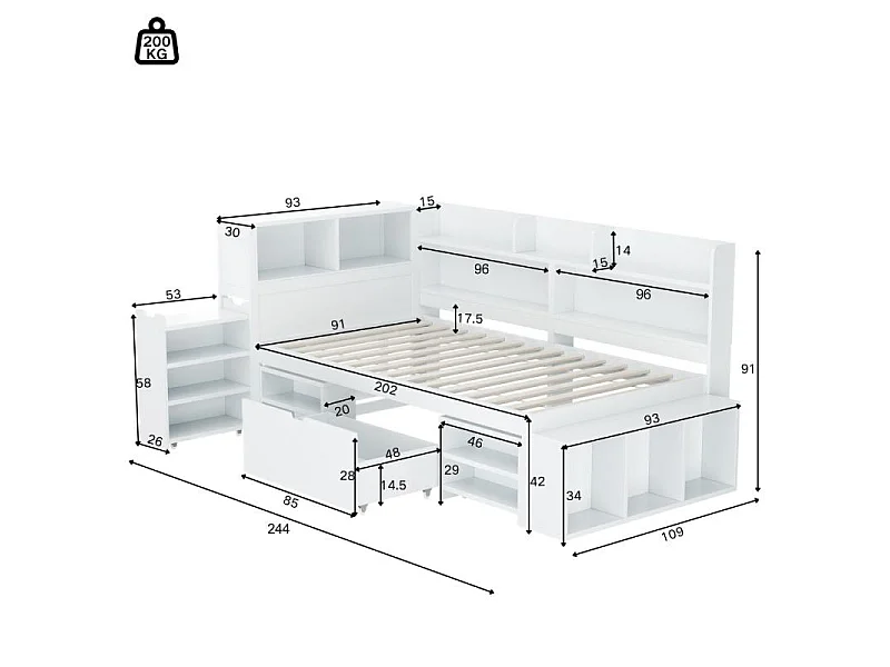 Lit Enfant 90x190 cm avec Rangement, Bibliothèque, Tiroir, Armoire Intégrée et Sommier à Lattes Blanc