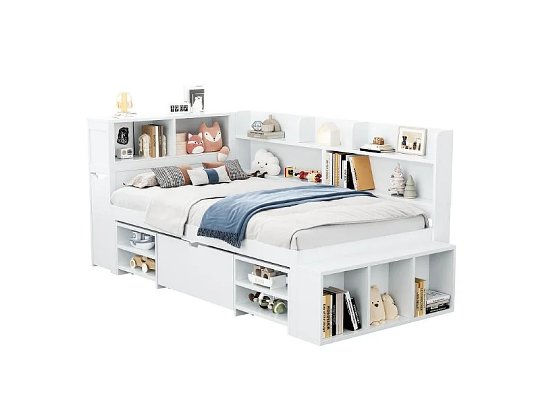 Lit Enfant 90x190 cm avec Rangement, Bibliothèque, Tiroir, Armoire Intégrée et Sommier à Lattes Blanc