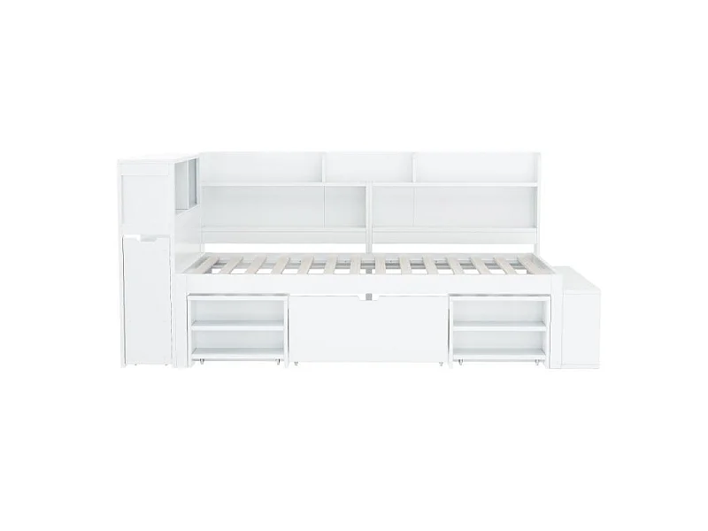 Lit Enfant 90x190 cm avec Rangement, Bibliothèque, Tiroir, Armoire Intégrée et Sommier à Lattes Blanc