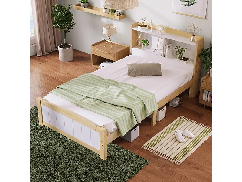 Lit simple en bois massif 90×200 avec tête de lit de rangement en pin, cadre de lit, lit enfant adolescent, blanc naturel, avec sommier à lattes
