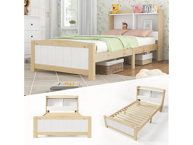 Lit simple en bois massif 90×200 avec tête de lit de rangement en pin, cadre de lit, lit enfant adolescent, blanc naturel, avec sommier à lattes