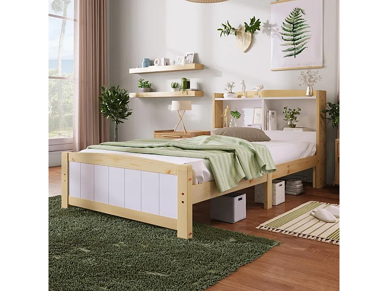 Lit simple en bois massif 90×200 avec tête de lit de rangement en pin, cadre de lit, lit enfant adolescent, blanc naturel, avec sommier à lattes