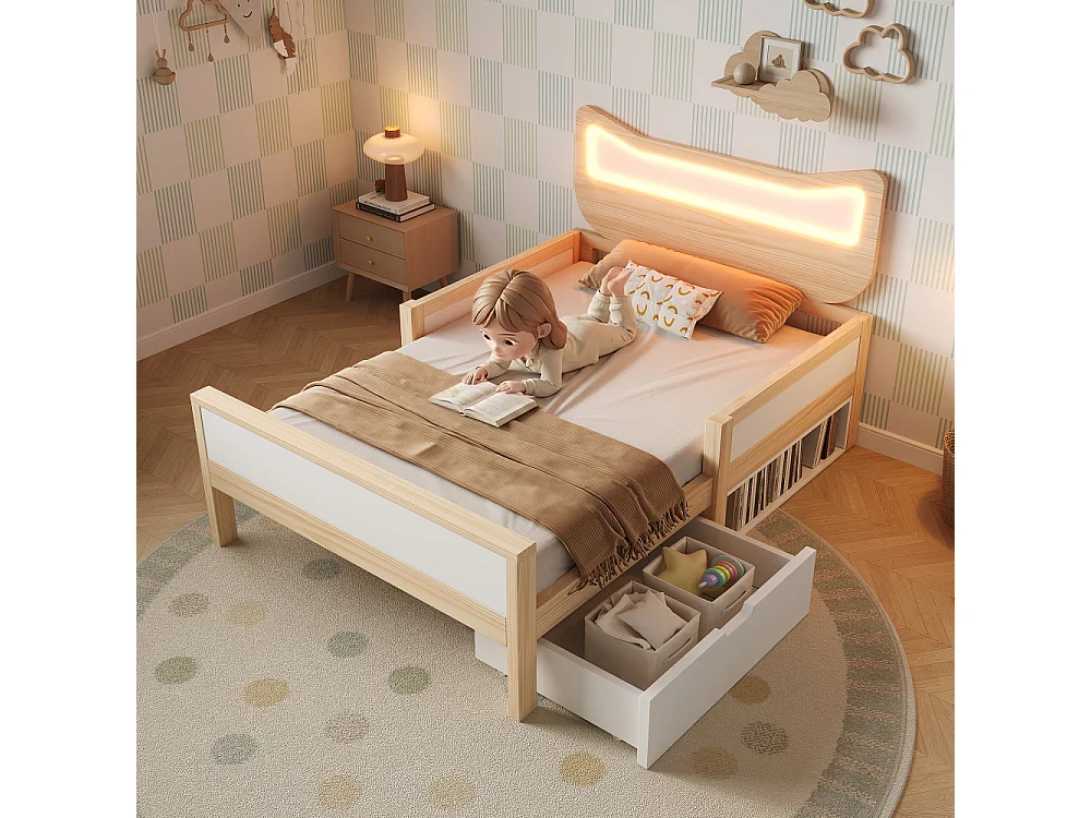 Lit enfant 90x190 cm avec oreilles de chat LED, rangement, protection et sans matelas