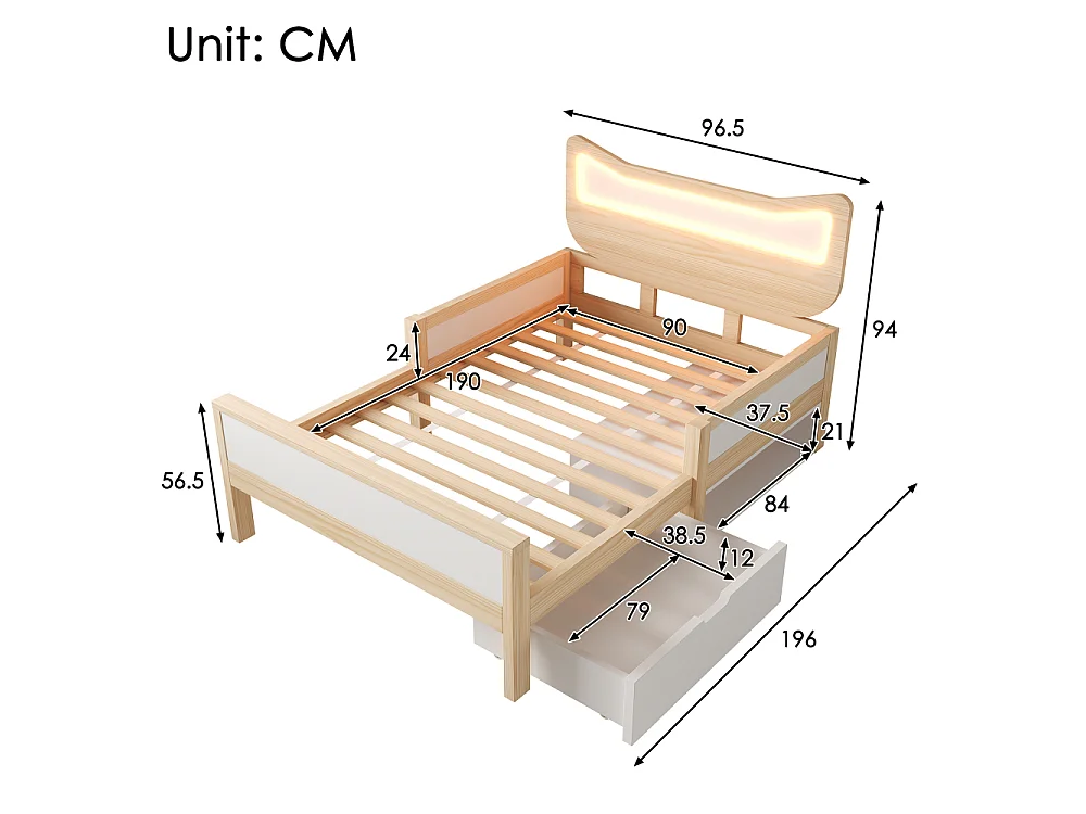 Lit enfant 90x190 cm avec oreilles de chat LED, rangement, protection et sans matelas