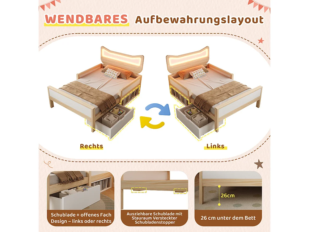 Lit enfant 90x190 cm avec oreilles de chat LED, rangement, protection et sans matelas