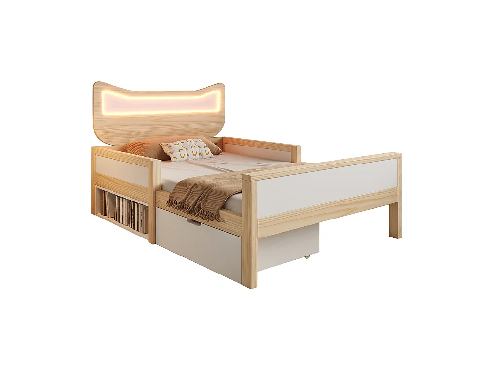 Lit enfant 90x190 cm avec oreilles de chat LED, rangement, protection et sans matelas