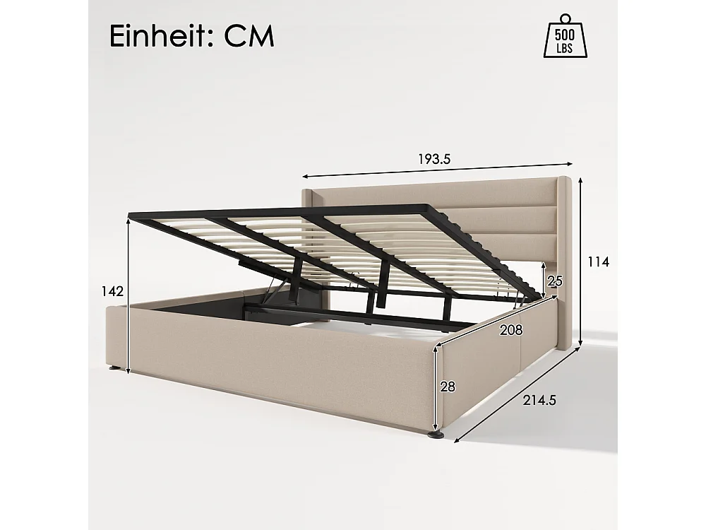 Letto contenitore idraulico imbottito in lino, struttura metallica, doghe in legno, cassone robusto, design moderno