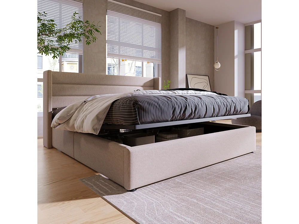 Letto contenitore idraulico imbottito in lino, struttura metallica, doghe in legno, cassone robusto, design moderno