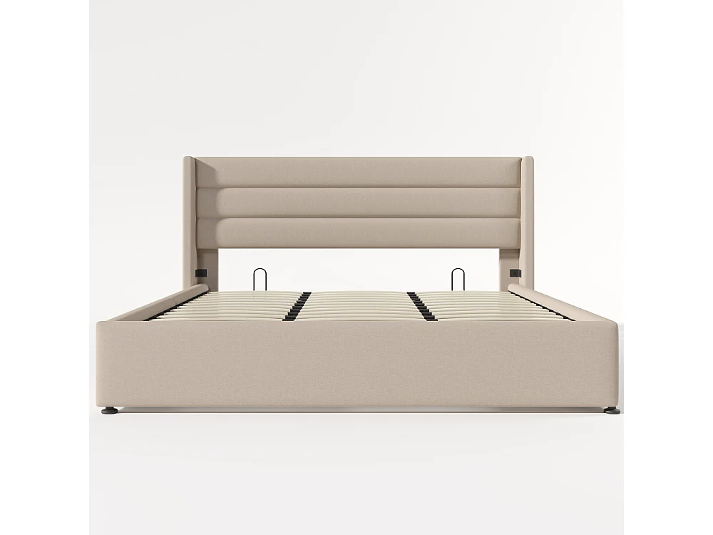 Letto contenitore idraulico imbottito in lino, struttura metallica, doghe in legno, cassone robusto, design moderno