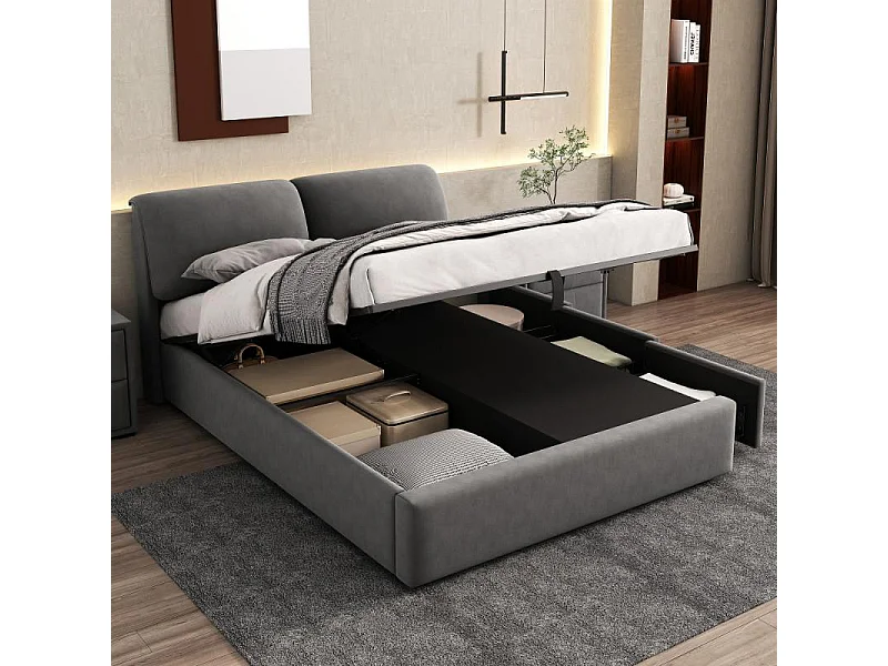 Lit coffre tapissé 140x190 velours gris hydraulique 3 tiroirs sommier lattes tête réglable rangement intégré design moderne sans matelas