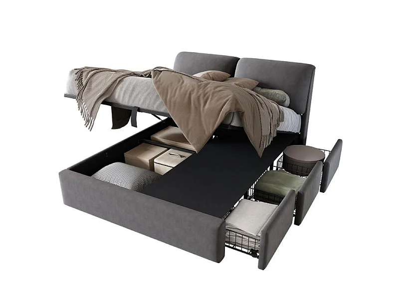Lit coffre tapissé 140x190 velours gris hydraulique 3 tiroirs sommier lattes tête réglable rangement intégré design moderne sans matelas