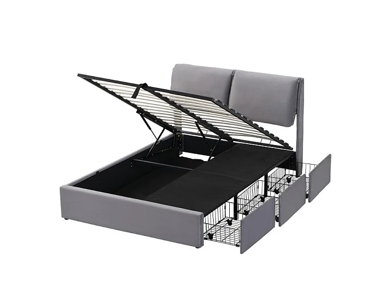 Lit coffre tapissé 140x190 velours gris hydraulique 3 tiroirs sommier lattes tête réglable rangement intégré design moderne sans matelas