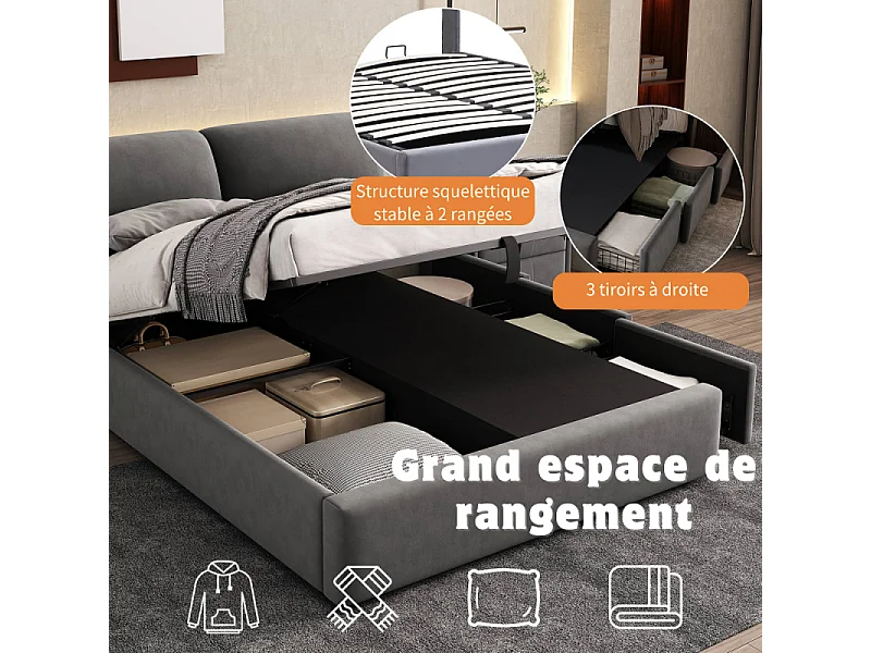 Lit coffre tapissé 140x190 velours gris hydraulique 3 tiroirs sommier lattes tête réglable rangement intégré design moderne sans matelas