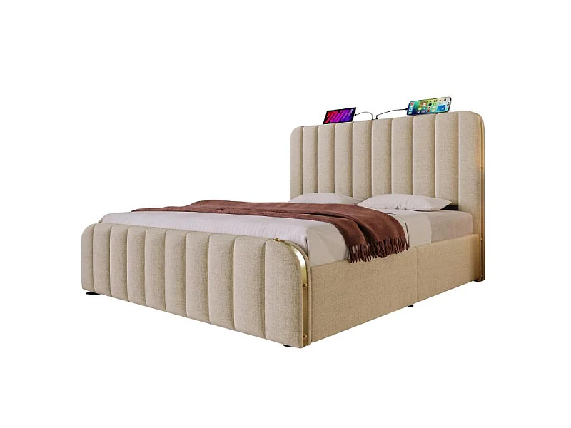 Cama baúl 140x200 cm ortopédica 7 zonas H3 USB-C cabecero dorado lino beige hidráulico 181kg colchón