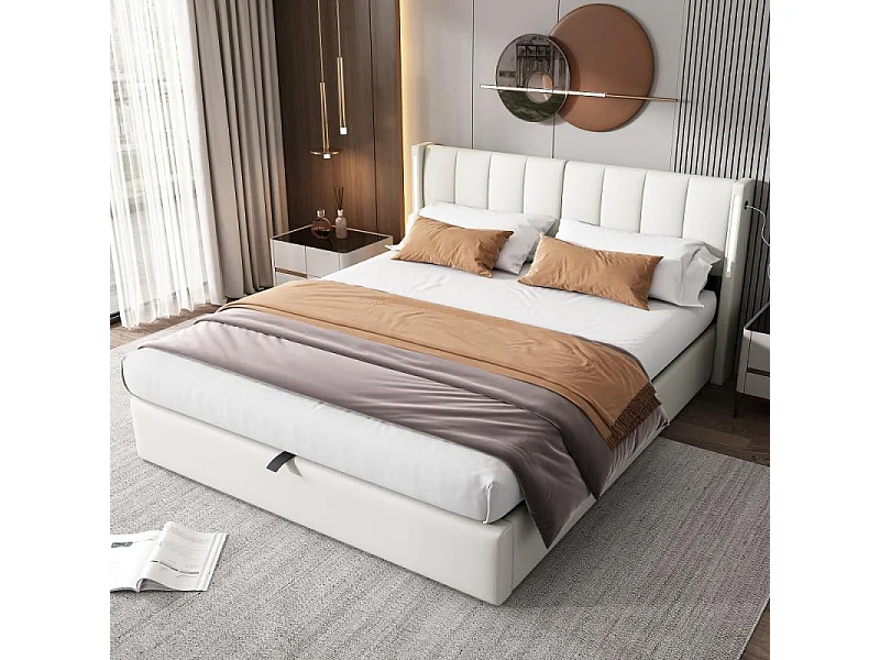 Cama LED Binaural Tapizada 140x200 cm Hidráulica PU Blanco USB-C Diseño Moderno