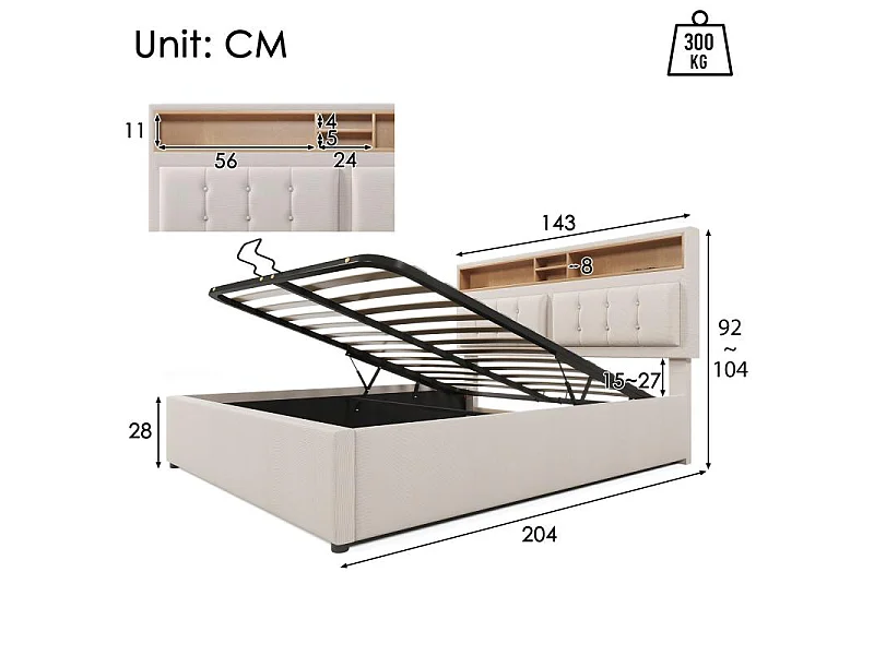 Cama Doble 140x200 con USB-C, Cabecero Regulable y Cofre de Almacenamiento – Confort Inteligente de Alta Gama