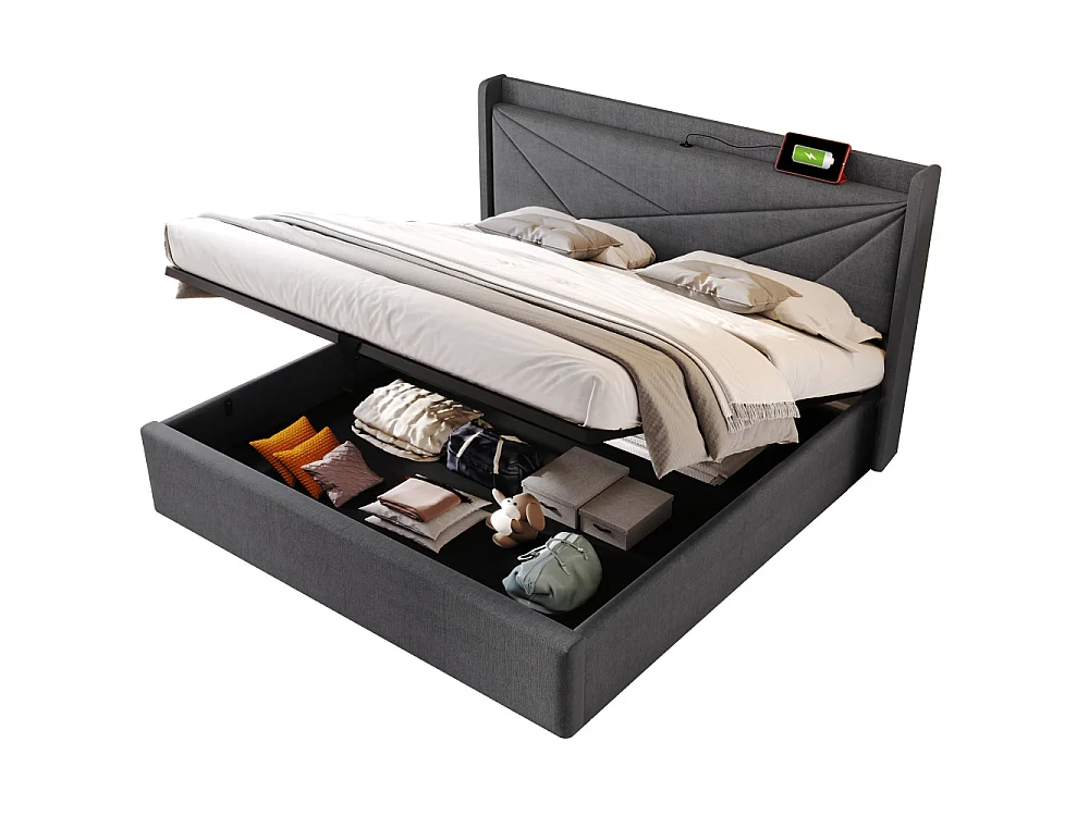 Lit Double 180x200 cm avec Coffre de Rangement, USB Type-C, Tissu Lin et Tête de Lit Géométrique Moderne