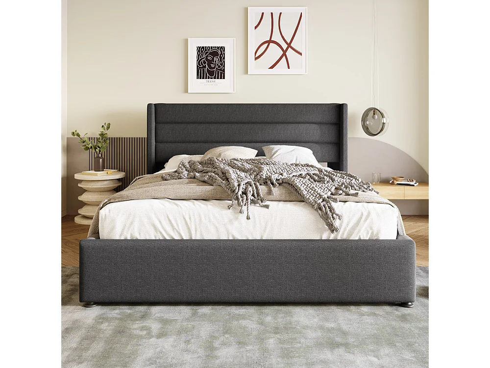 Letto contenitore idraulico imbottito in lino, struttura metallica, doghe in legno, cassone robusto, design moderno