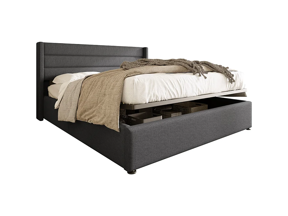 Letto contenitore idraulico imbottito in lino, struttura metallica, doghe in legno, cassone robusto, design moderno