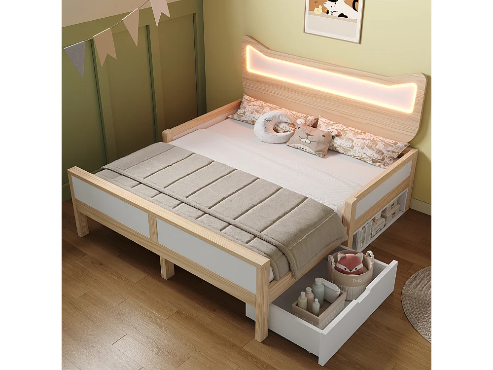 Letto bambino 140x200 cm con orecchie da gatto LED, legno bianco e rovere, cassetto e vano, protezione laterale, senza materasso