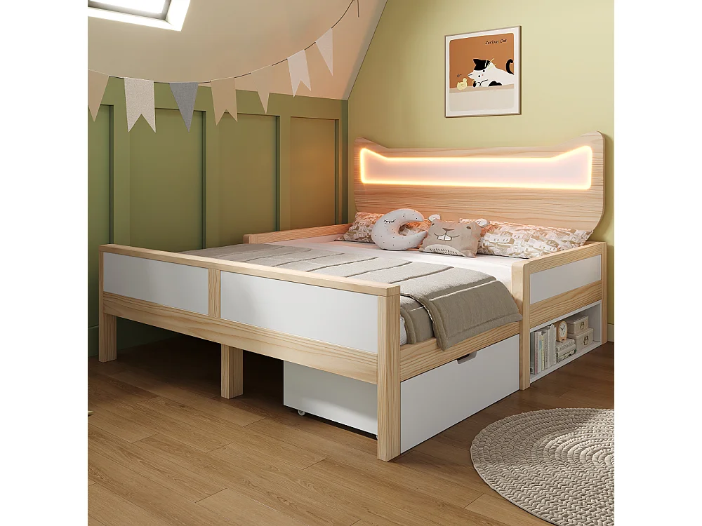 Letto bambino 140x200 cm con orecchie da gatto LED, legno bianco e rovere, cassetto e vano, protezione laterale, senza materasso