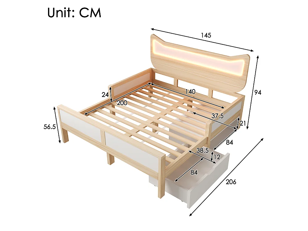 Letto bambino 140x200 cm con orecchie da gatto LED, legno bianco e rovere, cassetto e vano, protezione laterale, senza materasso