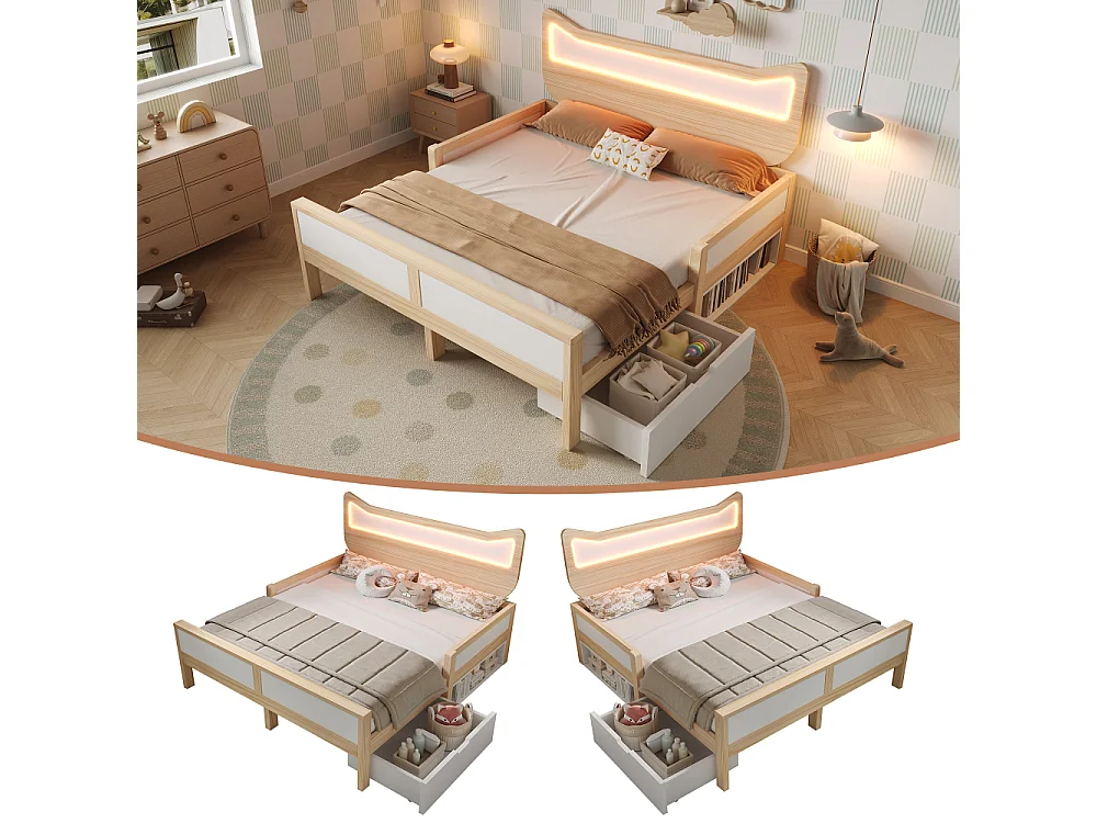 Letto bambino 140x200 cm con orecchie da gatto LED, legno bianco e rovere, cassetto e vano, protezione laterale, senza materasso