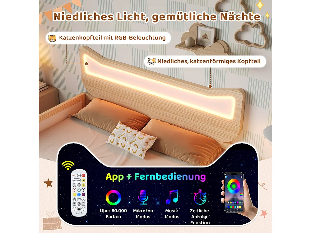 Letto bambino 140x200 cm con orecchie da gatto LED, legno bianco e rovere, cassetto e vano, protezione laterale, senza materasso