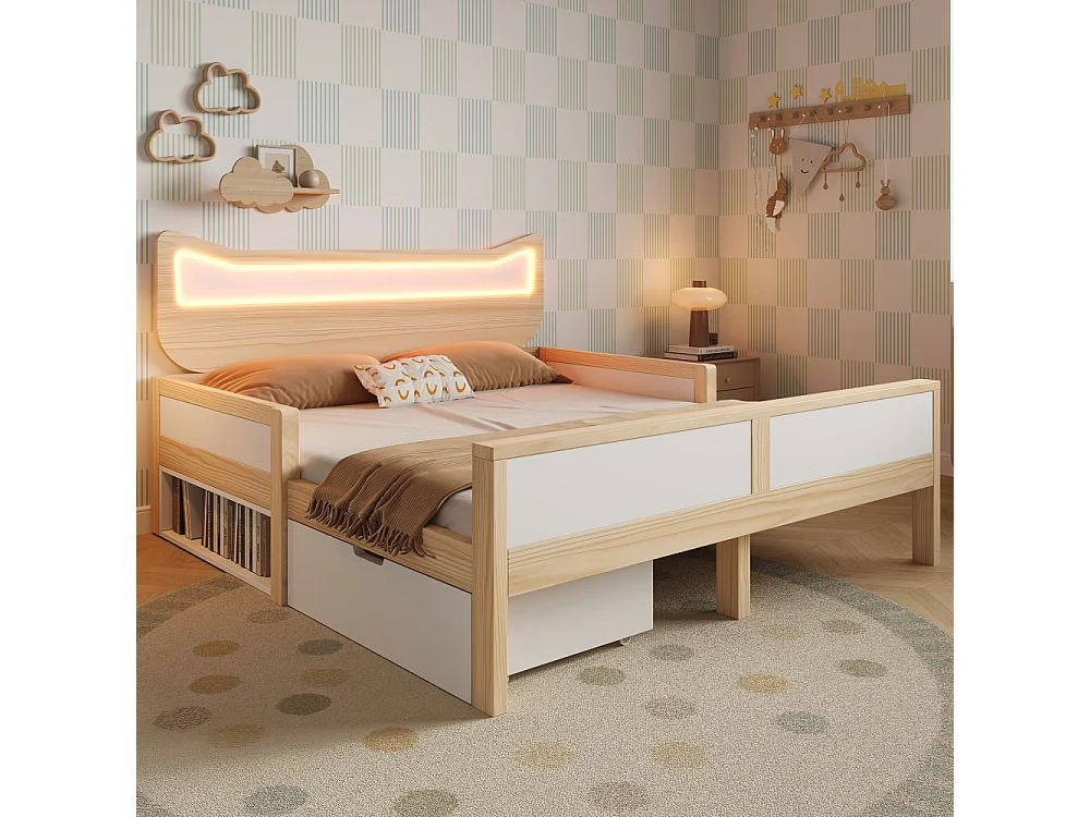 Letto bambino 140x200 cm con orecchie da gatto LED, legno bianco e rovere, cassetto e vano, protezione laterale, senza materasso