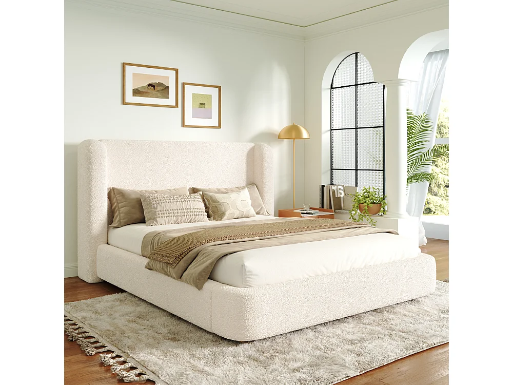 Letto imbottito idraulico 160×200 cm bouclé beige letto matrimoniale con contenitore e rete a doghe