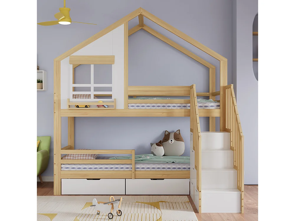 Litera infantil 90×200 cm con cajones con ruedas, escalera de seguridad, pino MDF, blanco + natural, ventanas