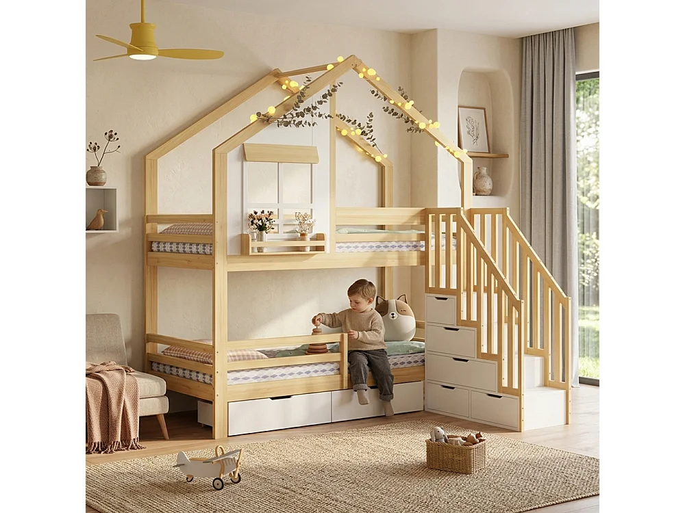 Litera infantil 90×200 cm con cajones con ruedas, escalera de seguridad, pino MDF, blanco + natural, ventanas