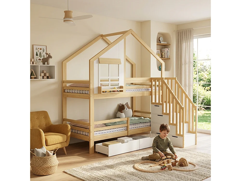 Litera infantil 90×200 cm con cajones con ruedas, escalera de seguridad, pino MDF, blanco + natural, ventanas